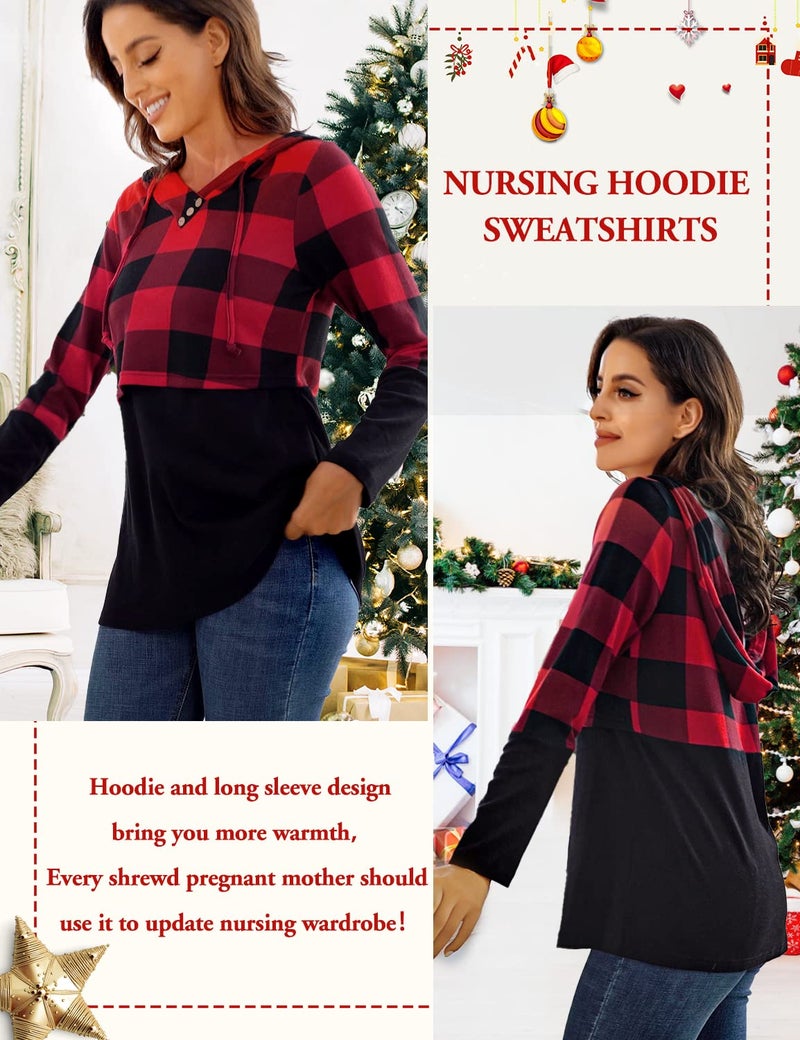 connche Quinee Nursing Sweatshirts for Breastfeeding, Pullover Hoodies for Women Kangaroo Pocket Maternity Shirts Long Sleeve Autumn Thin Tunic Tops for Leggings Black Blue Plaid S - Image 4